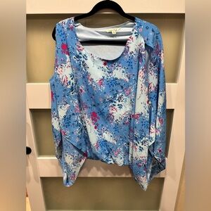The Pioneer Woman Blue Floral Blouse cold shoulder bell sleeve gathered waist
